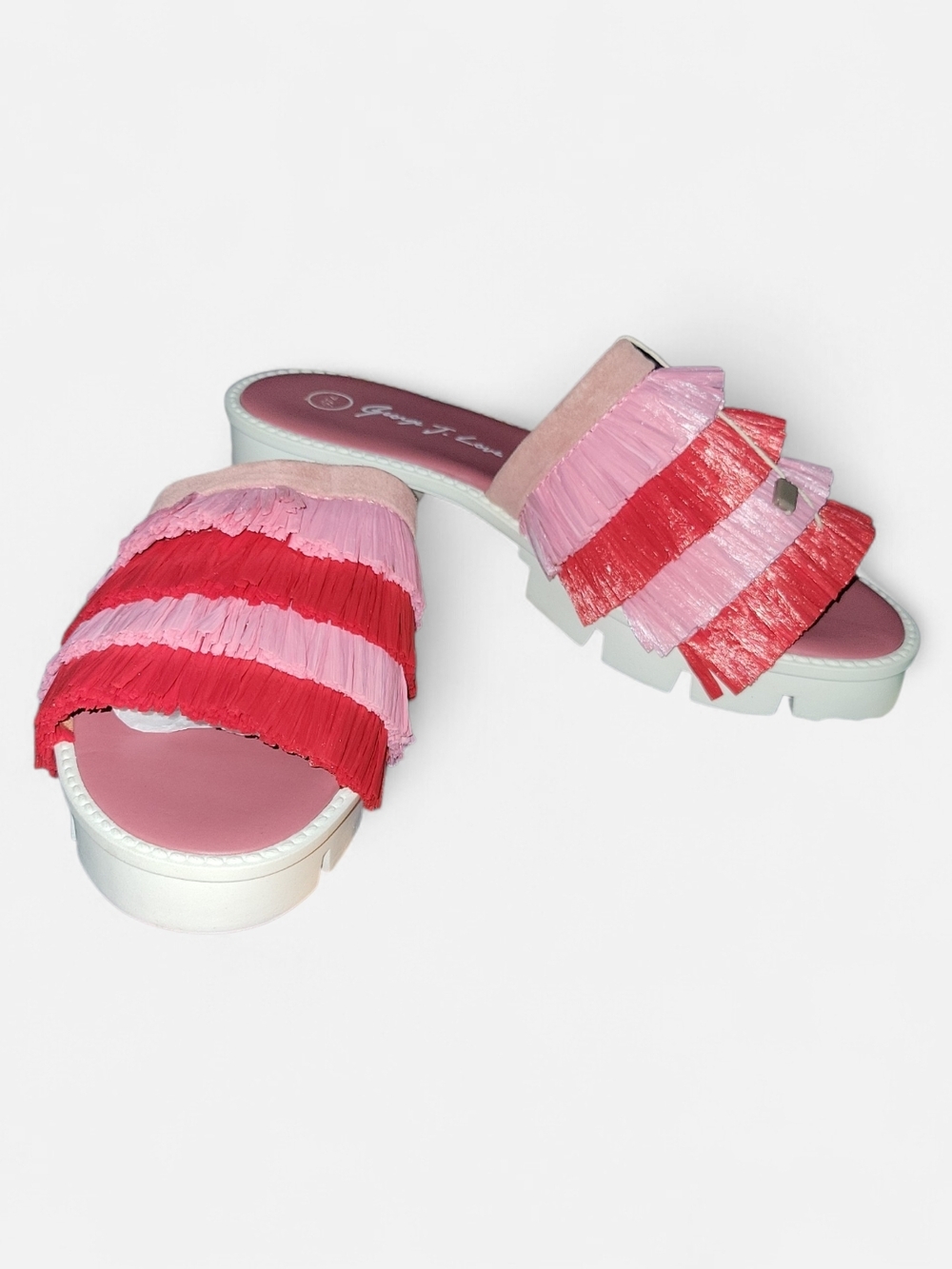 NWOB Pink & Red Fringe George J. LOVE Slide Sandals - Women Sz 40